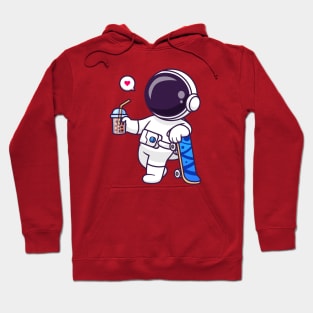 Cute Astronaut Drink Boba Milk Tea With Skateboard Cartoon Hoodie